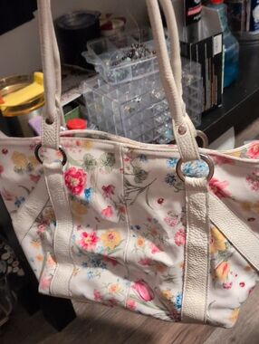 Cecconi Peiro Cream Floral And Ladybug All Leather Tote Bag